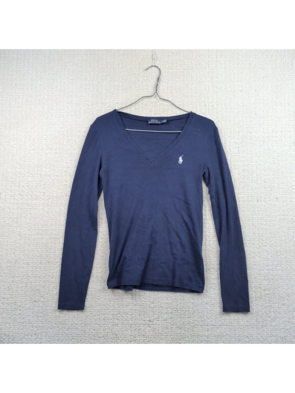 Polo Ralph Lauren V-Neck Fitted T-Shirt Long Sleeve Wom Sz S Navy Blue Preppy